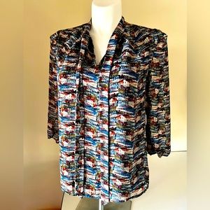 Serein lined tie neck multi colored blouse polyester elegant size med stylish
